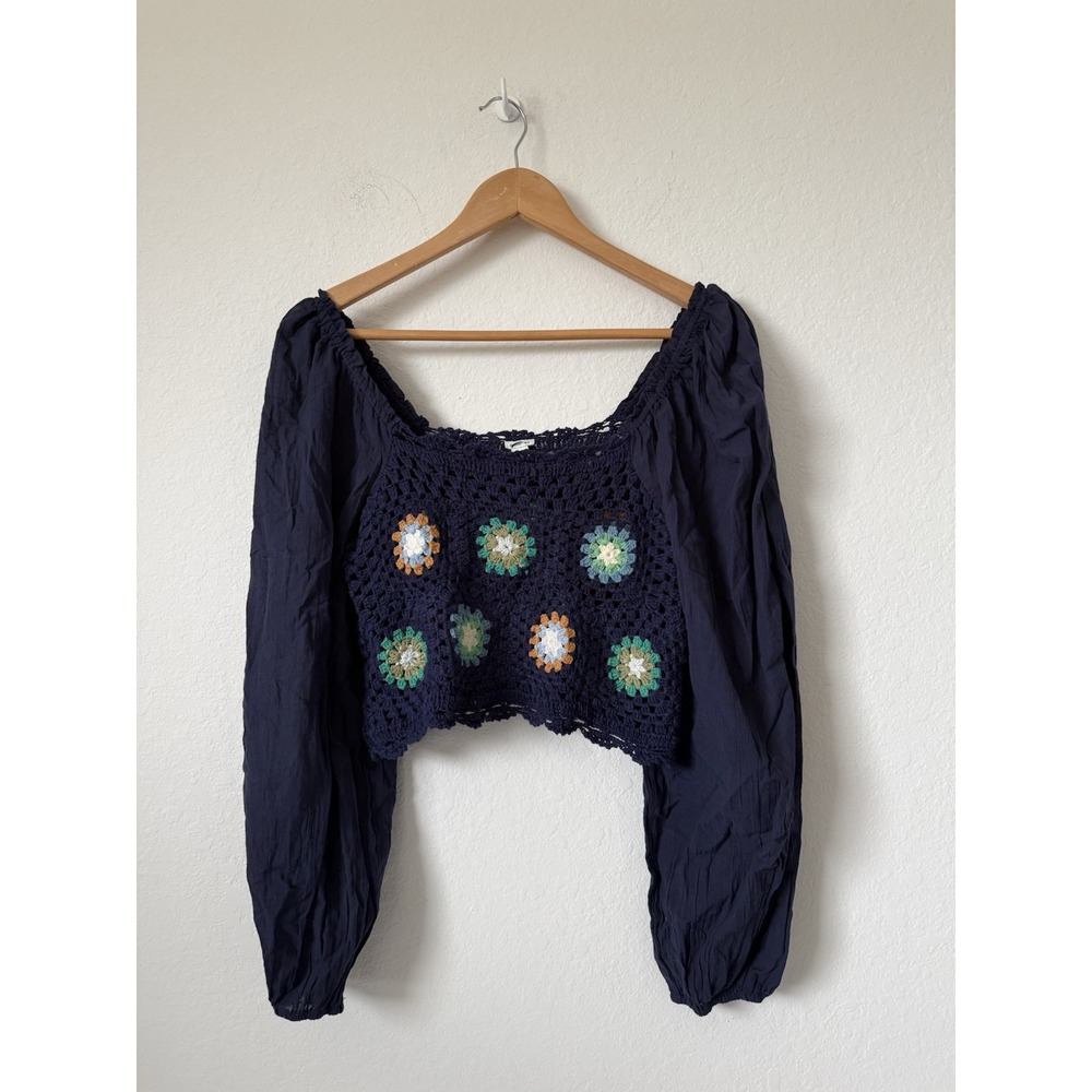 Aerie Crop Top Medium Boho Crochet Granny Square Neck Balloon Sleeve Navy Blue